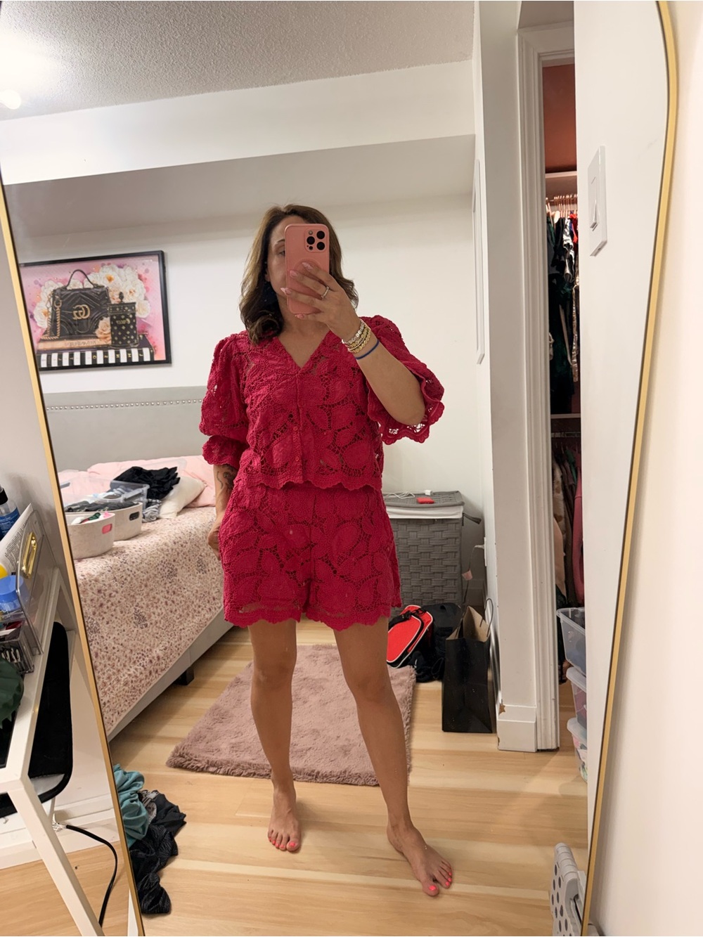 Maje Pink Crochet Lace Top with Lined Bust